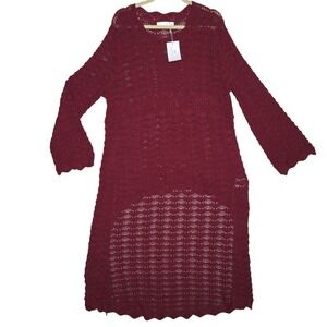 Burgundy NWT L Crochet Lace Long Open Front‎ Cardigan Duster Sweater Dress Artzy
